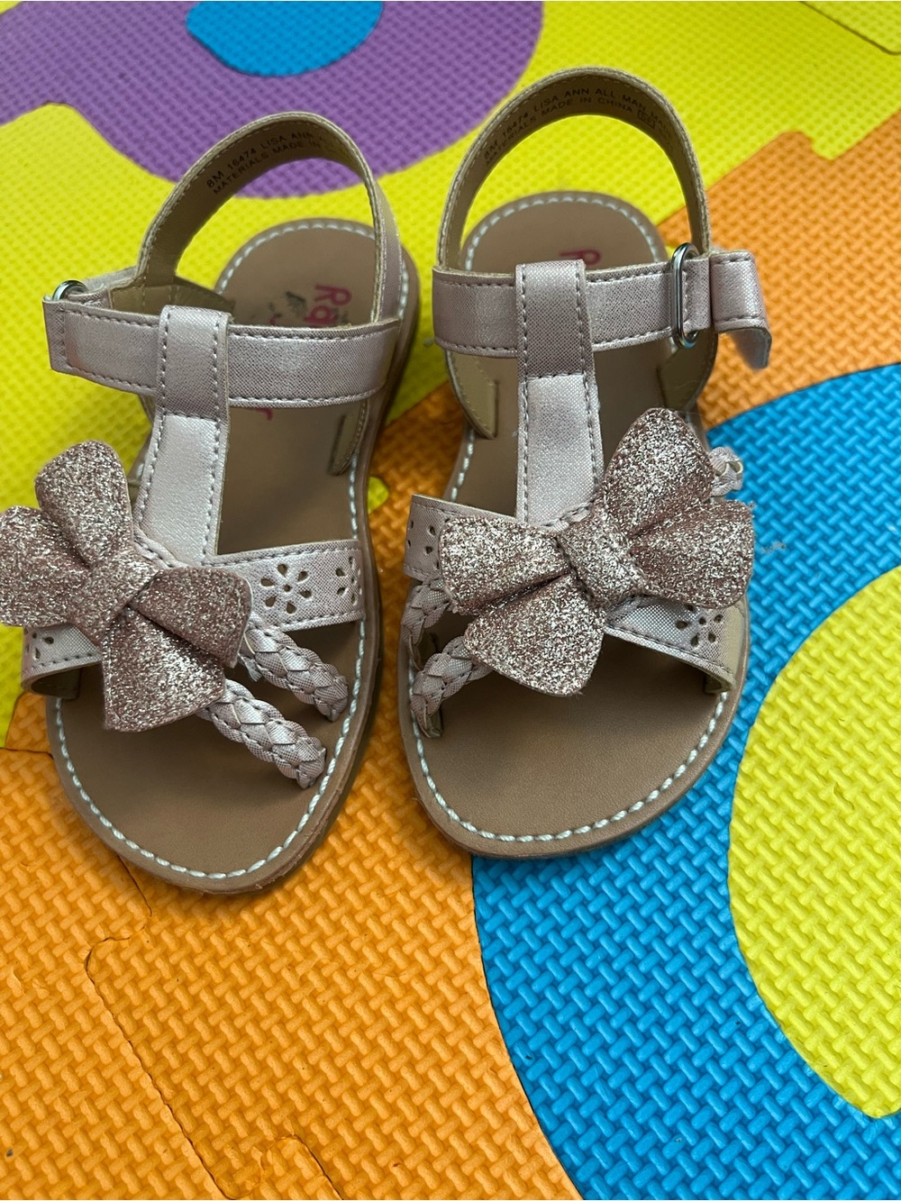 Girls Sparkle Bow T-Strap Sandals in Rose Gold